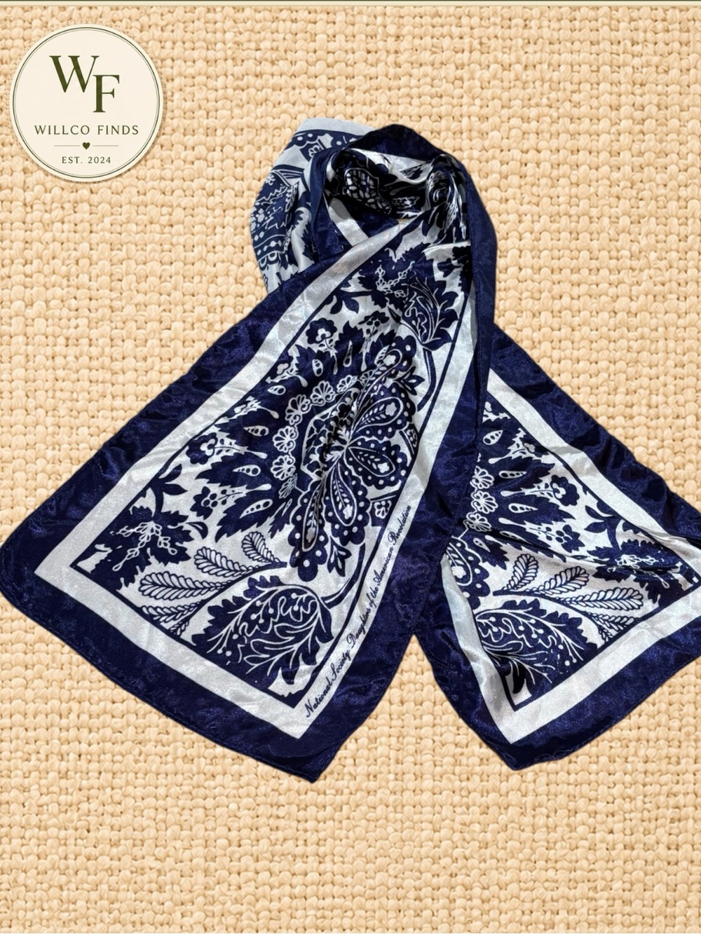 Daughters of the American Revolution DAR Navy White Scarf 45” x 10”